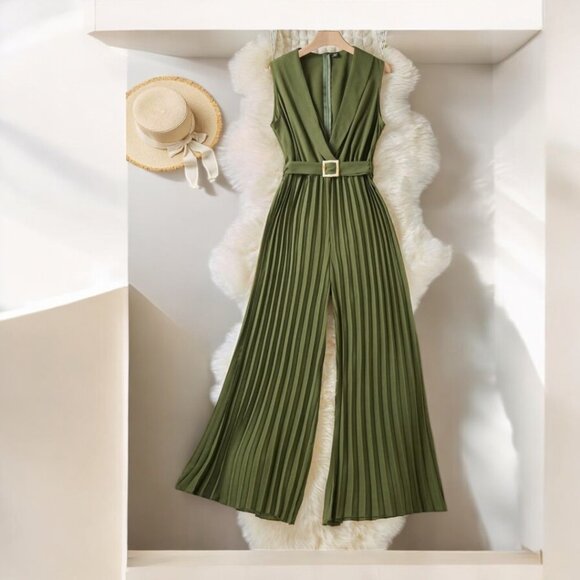 Boutique Pants - Plus Pleated Hem Belted Jumpsuit – Elegance Redefined